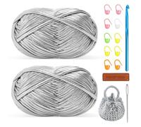 Metallic T-Shirt Yarn for Crocheting 2x100g Chunky Crochet Tshirt Yarn with 7mm Hook, Perfect for Crocheting Bags/Baskets/Rugs/Home Decor, Beginner Friendly Elastic Fabric for DIY Crafts Sliver
