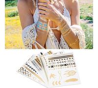 Metallic Temporary Tattoos, 5pcs Large Sheets Mixed Gold Silver Glitter Color Flash Fake Watertight Tattoo Stickers for Adults Kids, Beach Festivals Parties