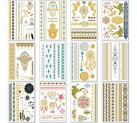 Metallic Temporary Transfer Tattoos for Women Teens Girls - 12 Sheets Gold Silver Temporary Tattoo Shimmer Glitter Designs Jewellery Tattoos - 150+ Colour Flash Fake Waterproof Tattoo Stickers (Saona)