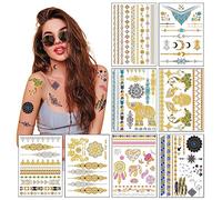 Metallic Temporary Transfer Tattoos for Women Teens Girls - 8 Sheets Gold Silver Temporary Tattoo Shimmer Glitter Designs Jewellery Tattoos - 100+ Colour Flash Fake Waterproof Tattoo Stickers (Aruba)