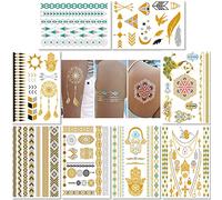 Metallic Temporary Transfer Tattoos for Women Teens Girls - 8 Sheets Gold Silver Temporary Tattoo Shimmer Glitter Designs Jewellery Tattoos - 100+ Colour Flash Fake Waterproof Tattoo Stickers (Caicos)