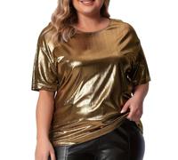 Metallic Top Women's Oversize Metallic T-Shirt Top Short Sleeve Silver Top Women's Metallic Plain Round Neck Shiny Dance Club T-Shirt Fancy Dress Party Clubwear Performance Costume, gold, 4XL