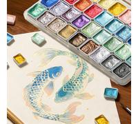 Metallic Watercolor Painting Set, 48 Color Shifting Glitter Watercolour Solid Paint Box, Shimmer Travel Watercolour Set with Pen,Soluble and Mix Well Watercolour Paint for Kids, Beginner&Professional