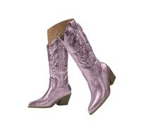 Metallic Western Cowgirl Boots for Women Sparkly Embroidery Pointy Toe Chunky Stacked Heel Mid Calf Wide Calf Cowboy Short Boots
