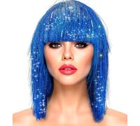 Metallic Women's Wig Foxy Bob Pagehead with Fringe 70s 80s Disco Space Girl Tinsel Science Fiction Space Angel Colour: Blue