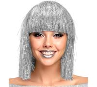 Metallic Women's Wig Foxy Bob Pagehead with Fringe 70s 80s Disco Space Girl Tinsel Science Fiction Space Angel Colour: Silver