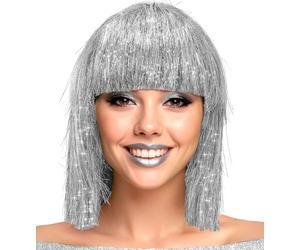 Metallic Women's Wig Foxy Bob Pagehead with Fringe 70s 80s Disco Space Girl Tinsel Science Fiction Space Angel Colour: Silver