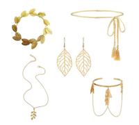 MetalNuts Greek Goddess Costume Accessories - 5Pcs Greek Goddess Accessories Set with Gold Laurel Leaf Headpiece, Necklace, Earrings, Waist Chain, Arm Ring, Fancy Dress Jewelry for Women Girls