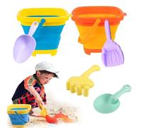 MetalNuts Kids Beach Set - 6pcs Foldable Bucket with Shovels and Rake, Collapsible Sand Pail for Kids, Age 3+