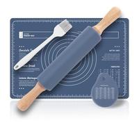 Metamorisy Wooden Rolling pin & Silicone Baking mats Set,Pastry Brushes and Dough Scraper, 38cm Dough Roller,60X40 Silicone Pastry mat,Baking Set of 4 (Blue)