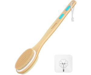 Metene Back Scrubber for Shower, Shower Brush for Exfoliating Skin and A Soft Scrub, Double-sided Body Brush Head for Wet or Dry Brushing, Long Wooden Handle Cleans the Body Easily