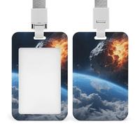 Meteor Impact Earth Badge Holder with Lanyards Retractable Vertical Plastic Id Badge Holder Name Key Card Holders Case for Teacher Nurse Doctor Office Gift for Coworkers