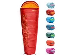 Meteor - YMER Kids Sleeping Bag - Camping Equipement for Girls, Boys & Teens - Compact Travel Gear for Hiking, Sleepover - Winter, Spring, Summer or Fall - for Kids 155 cm Tall - Red/Orange