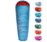 Meteor - YMER Kids Sleeping Bag - Camping Equipement for Girls, Boys & Teens - Compact Travel Gear for Hiking, Sleepover - Winter, Spring, Summer or Fall - for Kids 155 cm Tall - Blue/Orange