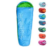 Meteor - YMER Kids Sleeping Bag - Camping Equipement for Girls, Boys & Teens - Compact Travel Gear for Hiking, Sleepover - Winter, Spring, Summer or Fall - for Kids 155 cm Tall - Blue/Green