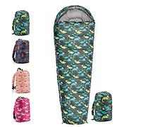 Meteor - YMER Kids Sleeping Bag - Lightweight Insulated Mummy Shape for Camping, Hiking, Travel - All Season - for Girls & Boys - for Sleepovers or Outdoor Adventures - Dino Motif