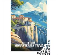 Meteora Monasteries Trail Greece Illustration 1000 Piece Jigsaw Puzzle, Asian Architecture Inspired View, 1000 Pieces for Adults, for Adults, Mindful Activity, 38x26cm/1000pcs