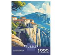 Meteora Monasteries Trail Greece Illustration 1000 Piece Jigsaw Puzzle, Old Europe Travel Artwork, 1000 Pieces for Adults, Travel Gift for Families, Relaxing Challenge, 38x26cm/1000pcs