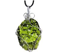 Meteorite Rock Moldavite Necklace with Rope, Wire-Wrapped Glass Moldavite Crystal Pendant, Healing Meteorite Rock Necklace for Women Men