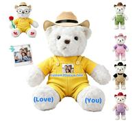 MeterBear Custom Teddy Bear with Photo and Text for Kids Adults, 13 Inch Huggable White Teddy Bear Stuffed Animal with Overalls Shirt and Hat as Gift for Valentine Christmas Anniversary