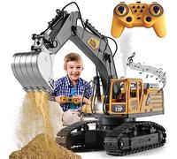 METHROP Remote Control Digger Toys 14 Channel Remote Control Excavator Construction Toys Tractor,Simulated smoke, sound, lighting, metal digging head,RC Truck Toys for Boys 6 7 8 9 10 11 12