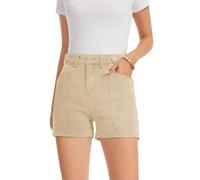 Metietila Women's High Waist Slimming Straight Leg Denim Shorts Retro Adjustable Button Stretchy Washed Casual Summer Shorts, Khaki, M