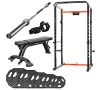 METIS Complete Gym Equipment Set - 1x Power Cage, 1x Olympic Barbell, 1x Weightlifting Bench, 2x Barbell Locking Clips, 2x 5kg - 25kg PU De-decahedral or Bumper Plates (PU Plates (Complete Set)