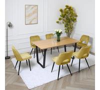 Metis Dining Set - Oak-Effect Table with 6 Velvet Chairs Home Garden Direct Dark Olive One Size