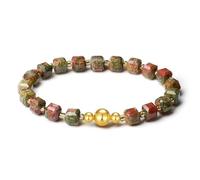 MetJakt Handmade Original 6MMl Natural Gemstone Yoga Bracelet Faceted Stone Stretch Labradorite Obsidian Moonstone 18K Gold White Gold Ball Bracelet for Women Men (Unakite -Yellow Gold)