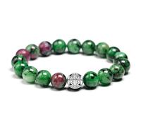 MetJakt Natural 8mm Gemstones Healing Crystal Stretch Beaded Bracelet Bangle with 925 Sterling Silver Double Happiness Pendant (Ruby Zoisite)