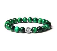 MetJakt Natural 8mm Gemstones Healing Crystal Stretch Beaded Bracelet Bangle with 925 Sterling Silver Double Happiness Pendant (Green tiger eye)