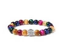 MetJakt Natural 8mm Gemstones Healing Crystal Stretch Beaded Bracelet Bangle with 925 Sterling Silver Double Happiness Pendant (Colored tiger eye)