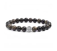 MetJakt Natural 8mm Gemstones Healing Crystal Stretch Beaded Bracelet Bangle with 925 Sterling Silver Double Happiness Pendant (Obsidian)