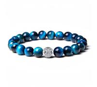 MetJakt Natural 8mm Gemstones Healing Crystal Stretch Beaded Bracelet Bangle with 925 Sterling Silver Double Happiness Pendant (Ink-blue tiger eye)