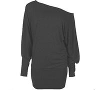 METLUQ M0D4 Ladies Off Shoulder Batwing Baggy Jumper Shirt Plain Long Sleeve Jersey Top 8-26 (Charcoal, UK 12-14 M/L)