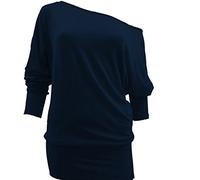 METLUQ M0D4 Ladies Off Shoulder Batwing Baggy Jumper Shirt Plain Long Sleeve Jersey Top 8-26 (Navy, UK 12-14 M/L)