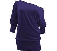 METLUQ M0D4 Ladies Off Shoulder Batwing Baggy Jumper Shirt Plain Long Sleeve Jersey Top 8-26 (Purple, UK 12-14 M/L)
