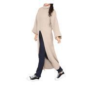 METLUQ M0D4 Ladies Split Front Cut Out High Neck Warm Dress Jumper Womens Long Sleeve Knitted Longline Midi Sweater Beige