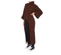 METLUQ M0D4 Ladies Split Front Cut Out High Neck Warm Dress Jumper Womens Long Sleeve Knitted Longline Midi Sweater Brown