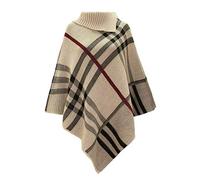 METLUQ M0D4 Ladies Women Check Knitted Warm Cape Tartan Wrap Shawl Jumper Poncho UK 8-14 (12-14, Stone)