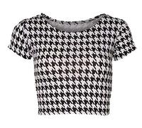 METLUQ M0D4 Womens Ladies Printed Ladies Short Cap Sleeve Cropped Belly Crop Top UK Size8-14 (Dog Tooth, UK 8-10)