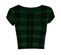 METLUQ M0D4 Womens Ladies Printed Ladies Short Cap Sleeve Cropped Belly Crop Top UK Size8-14 (Green Tartan, UK 12-14)