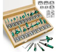 METOTY 20 Piece Professional Cutter Set 8 mm Shank Carbide For DIY & Woodworking Projects. Packed in a Wooden Box for Storage. With Two Additional Cut-resistant Finger Pads