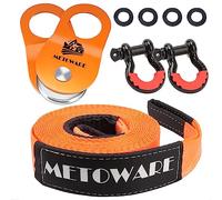 METOWARE Offroad Recovery Kit - 3" x20' Tow Strap, 2pk D Ring Shackles and 10 Ton Heavy Duty Snatch Block Pulley