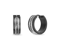Metro Jewelry Leaf Pattern Hoop Earrings for Men and Women - Black or Blue Ion Plated Stainless Steel Feather Design Earrings - 7 mm Wide Unisex Hinged Hoops - Nature Inspired Jewelry, Black Ion