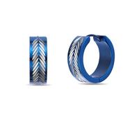 Metro Jewelry Leaf Pattern Hoop Earrings for Men and Women - Black or Blue Ion Plated Stainless Steel Feather Design Earrings - 7 mm Wide Unisex Hinged Hoops - Nature Inspired Jewelry, Blue Ion Plated