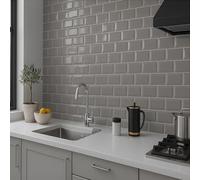 Metro Light Grey Ceramic Wall Tile Subway Brick Effect, Bevelled Edges Bathroom Kitchen Tile, Gloss Finish - 10M², 100 x 200mm