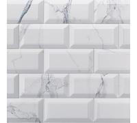 Metro Marble White & Grey Ceramic Wall Bathroom Tile Subway Brick Effect 100mm x 200mm Bevelled Edge Kitchen Tiles Gloss Finish 1m2 Box of 50
