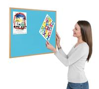 Metroplan Eco-Friendly Cyan Loop Nylon Noticeboard, 90 x 60 cm, Light Oak Wooden Frame Pinboard - Ideal for Office, School, Healthcare Displays
