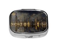 Metropolitan Night Skyline Print Pill Box 2 Compartment Medicine Pill Case,Portable for Pocket Or Purse Pill Box Decorative Metal Medicine Organizer